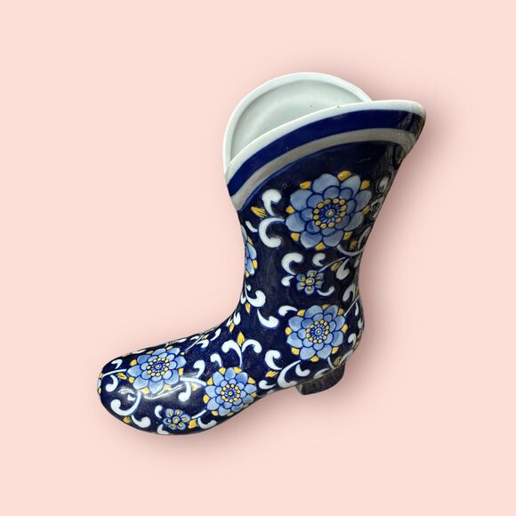 Cowboy Boot Chinoiserie Vase Blue White Yellow Gold Flower Pattern - Picture 1 of 5